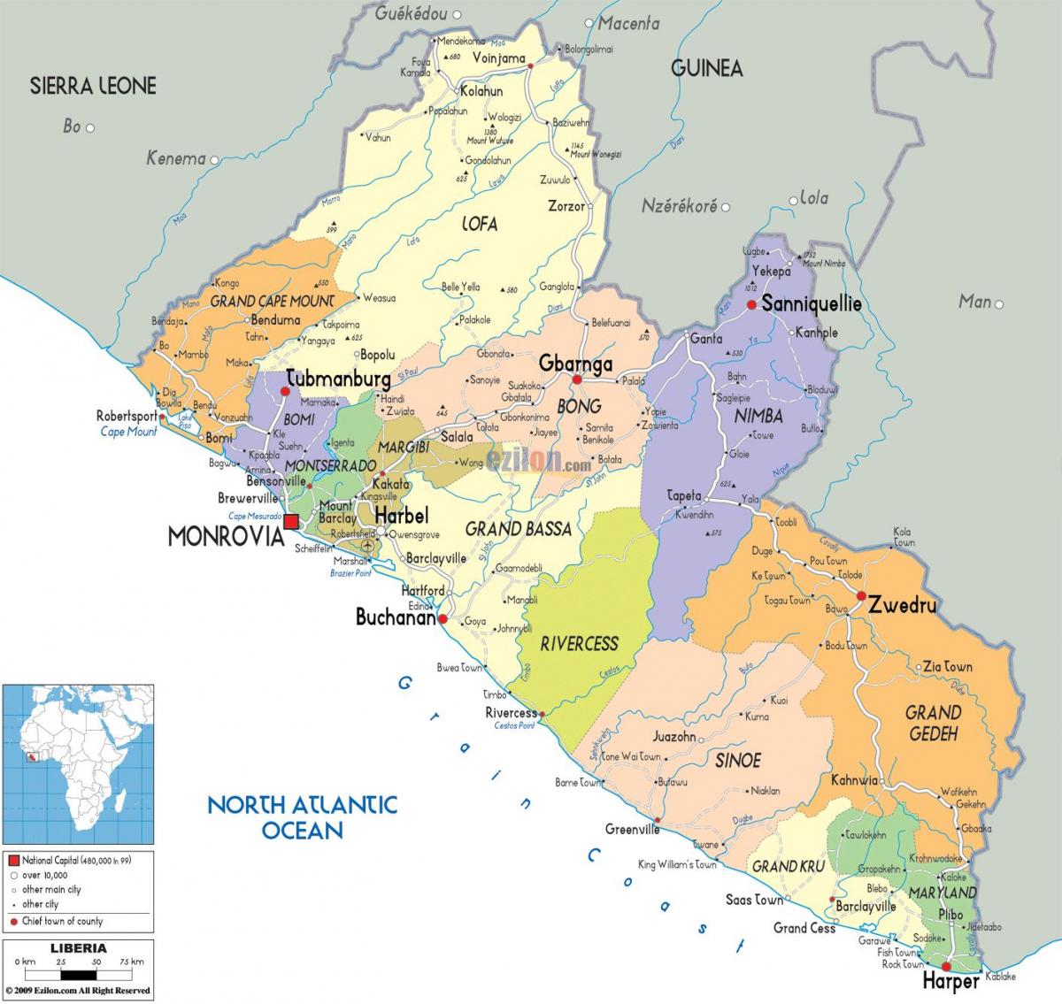 det politiske kort i Liberia